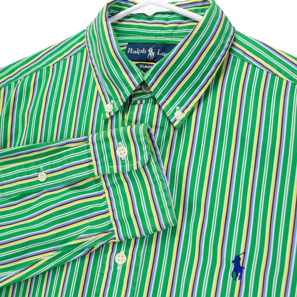 VTG Polo Ralph Lauren Mens Medium Green Stripe Classic‎ Fit LS Shirt